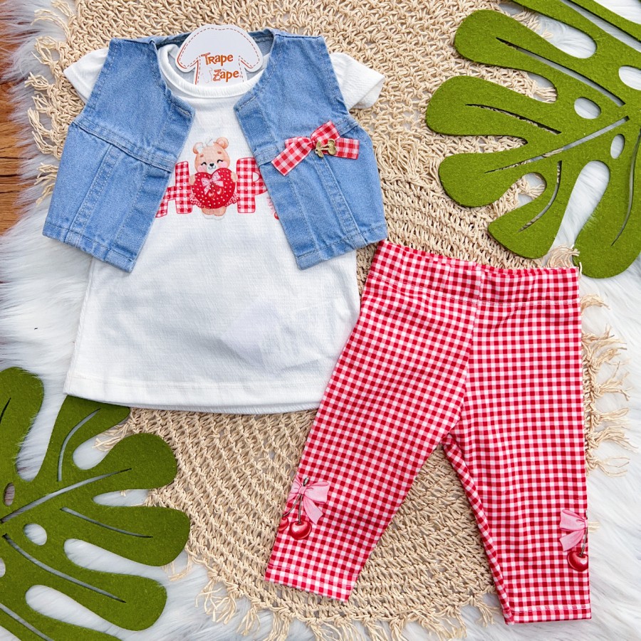 Conj. Blusa Hope, Colete Jeans e Legging Cerejas - Vermelho